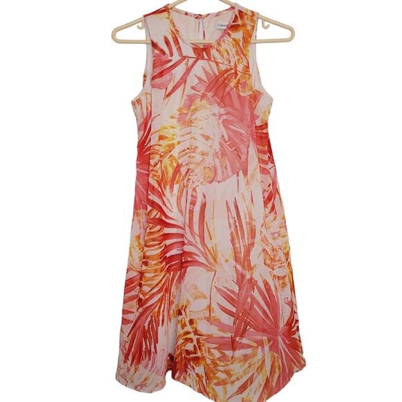 Calvin Klein Orange Tropical Print Sleeveless Flowy Summer Dress Size 4P - Picture 1 of 10